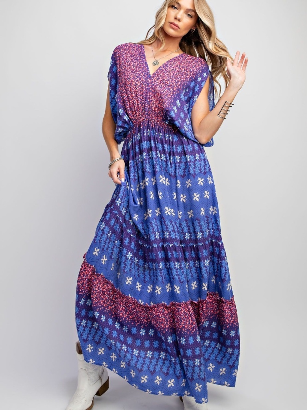 Easel Border Print Rayon Challis Maxi Dress Boho V Neck NWT